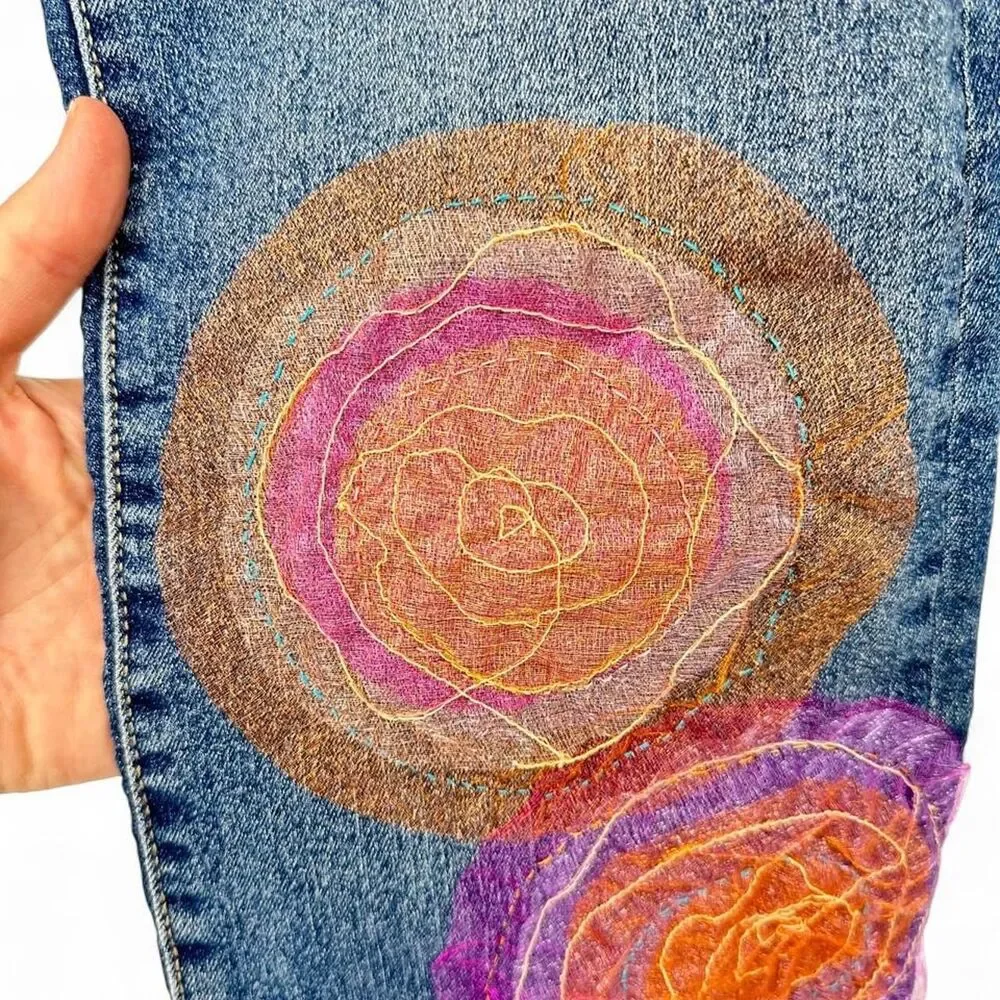 Bohemian Upcycled Spiral Embroidered Patchwork Medium Wash Denim Bootcut Jeans